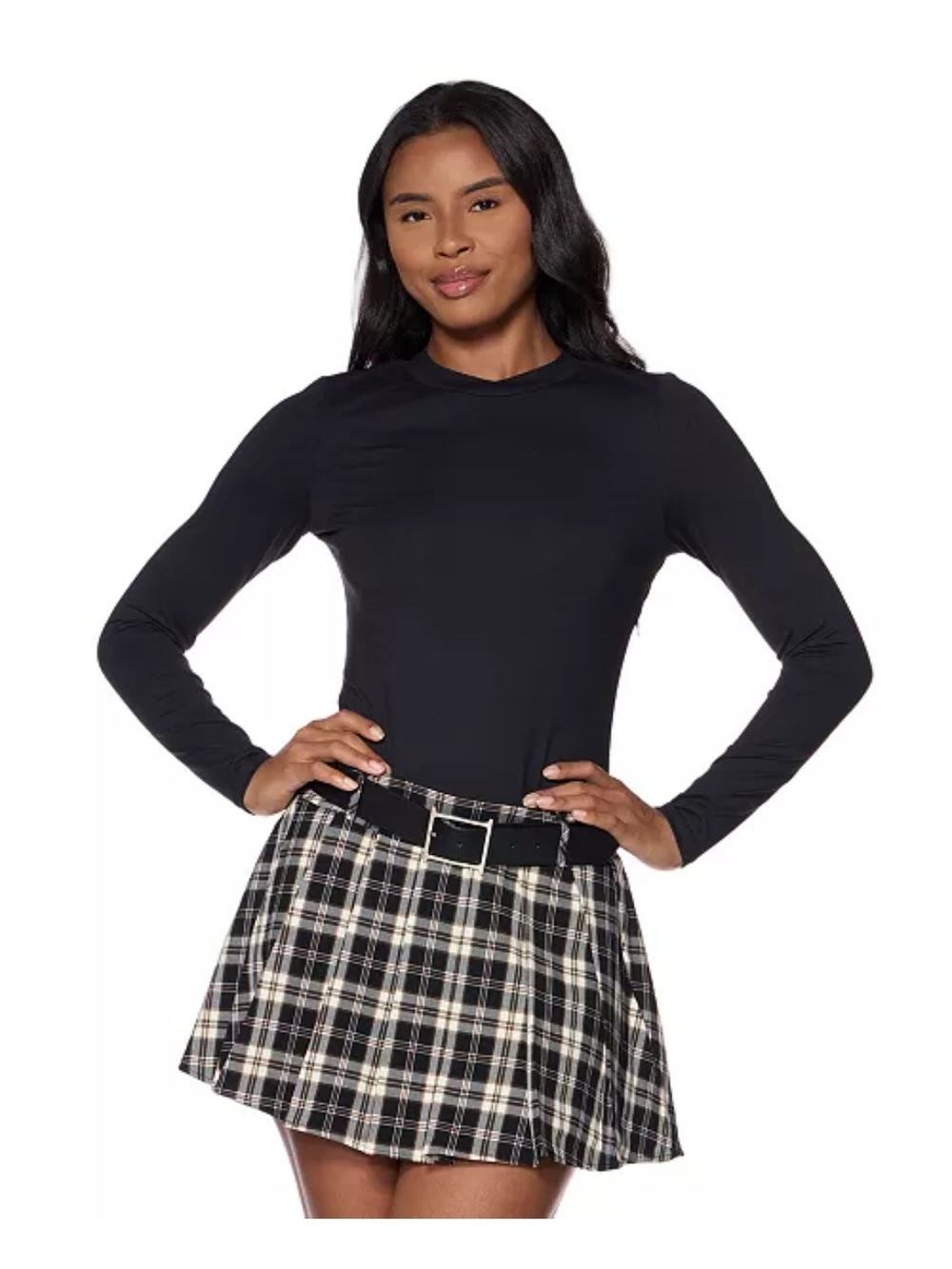 Alex & Sophia Pleated Plaid Dress w/ Belt
